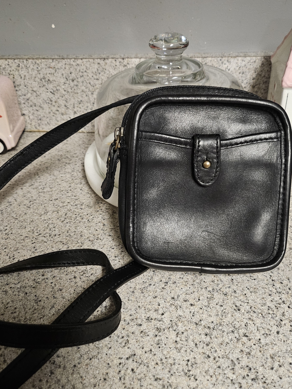 Black Leather Crossbody  Bag - Minimal Square Design Vintage